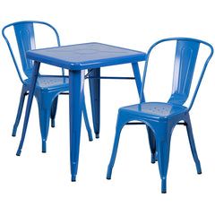 Blue Metal Indoor-Outdoor Table Set with 2 Stack Chairs