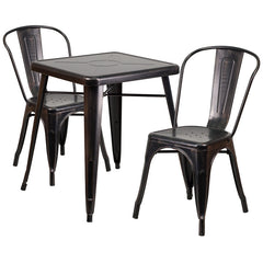 Black-Antique Gold Metal Indoor-Outdoor Table Set with 2 Stack Chairs