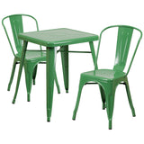 Green Metal Indoor-Outdoor Table Set with 2 Stack Chairs