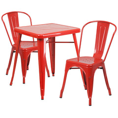 Red Metal Indoor-Outdoor Table Set with 2 Stack Chairs