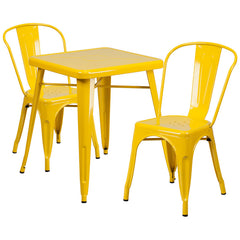 Yellow Metal Indoor-Outdoor Table Set with 2 Stack Chairs