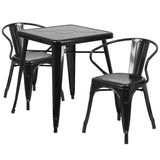 Black Metal Indoor-Outdoor Table Set with 2 Arm Chairs