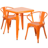 Orange Metal Indoor-Outdoor Table Set with 2 Arm Chairs