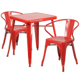 Red Metal Indoor-Outdoor Table Set with 2 Arm Chairs