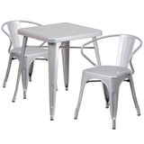 Silver Metal Indoor-Outdoor Table Set with 2 Arm Chairs