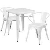 White Metal Indoor-Outdoor Table Set with 2 Arm Chairs