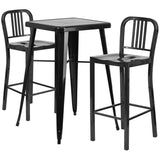 Black Metal Indoor-Outdoor Bar Table Set with 2 Vertical Slat Back Barstools