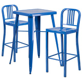 Blue Metal Indoor-Outdoor Bar Table Set with 2 Vertical Slat Back Barstools