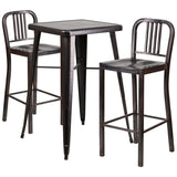 Black-Antique Gold Metal Indoor-Outdoor Bar Table Set with 2 Vertical Slat Back Barstools