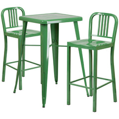 Green Metal Indoor-Outdoor Bar Table Set with 2 Vertical Slat Back Barstools