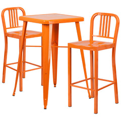 Orange Metal Indoor-Outdoor Bar Table Set with 2 Vertical Slat Back Barstools