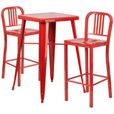 Red Metal Indoor-Outdoor Bar Table Set with 2 Vertical Slat Back Barstools