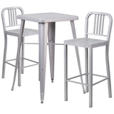 Silver Metal Indoor-Outdoor Bar Table Set with 2 Vertical Slat Back Barstools