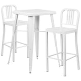 White Metal Indoor-Outdoor Bar Table Set with 2 Vertical Slat Back Barstools