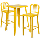 Yellow Metal Indoor-Outdoor Bar Table Set with 2 Vertical Slat Back Barstools