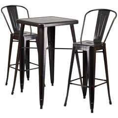 Black-Antique Gold Metal Indoor-Outdoor Bar Table Set with 2 Barstools