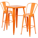 Orange Metal Indoor-Outdoor Bar Table Set with 2 Barstools
