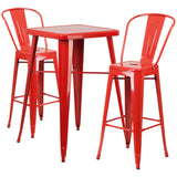 Red Metal Indoor-Outdoor Bar Table Set with 2 Barstools