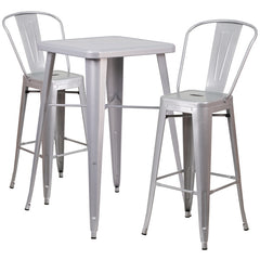 Silver Metal Indoor-Outdoor Bar Table Set with 2 Barstools