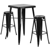 Black Metal Indoor-Outdoor Bar Table Set with 2 Backless Barstools