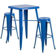 Blue Metal Indoor-Outdoor Bar Table Set with 2 Backless Barstools