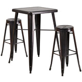 Black-Antique Gold Metal Indoor-Outdoor Bar Table Set with 2 Backless Barstools
