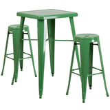 Green Metal Indoor-Outdoor Bar Table Set with 2 Backless Barstools