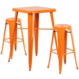 Orange Metal Indoor-Outdoor Bar Table Set with 2 Backless Barstools