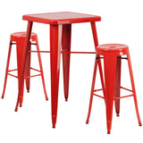 Red Metal Indoor-Outdoor Bar Table Set with 2 Backless Barstools