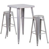 Silver Metal Indoor-Outdoor Bar Table Set with 2 Backless Barstools