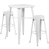 White Metal Indoor-Outdoor Bar Table Set with 2 Backless Barstools