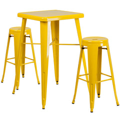 Yellow Metal Indoor-Outdoor Bar Table Set with 2 Backless Barstools