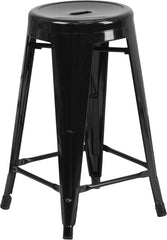 24'' High Backless Black Metal Indoor-Outdoor Counter Height Stool with Round Seat