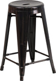 24'' High Backless Black-Antique Gold Metal Indoor-Outdoor Counter Height Stool with Round Seat