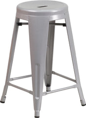 24'' High Backless Silver Metal Indoor-Outdoor Counter Height Stool with Round Seat