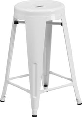 24'' High Backless White Metal Indoor-Outdoor Counter Height Stool with Round Seat