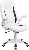 High Back White Leather Executive Swivel Office Chair with Flip-Up Arms