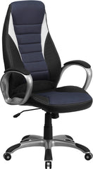 High Back Black Vinyl Executive Swivel Office Chair with Blue Mesh Inserts