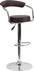 Contemporary Brown Vinyl Adjustable Height Barstool with Arms and Chrome Base