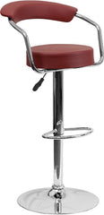 Contemporary Burgundy Vinyl Adjustable Height Barstool with Arms and Chrome Base