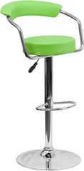 Contemporary Green Vinyl Adjustable Height Barstool with Arms and Chrome Base