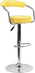 Contemporary Yellow Vinyl Adjustable Height Barstool with Arms and Chrome Base