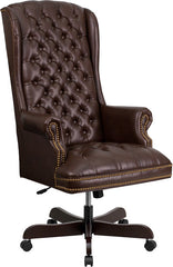 High Back Traditional Tufted Brown Leather Executive Swivel Office Chair