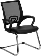 Black Leather Office Side Chair with Black Mesh Back and Sled Base