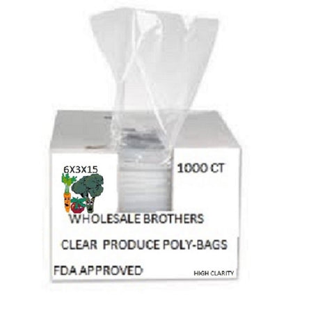 6x3x15 Clear Poly Bags, 1000 per case