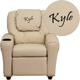 Personalized Beige Vinyl Kids Recliner with Cup Holder and Headrest