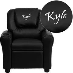 Personalized Black Leather Kids Recliner with Cup Holder and Headrest