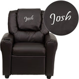 Personalized Brown Leather Kids Recliner with Cup Holder and Headrest