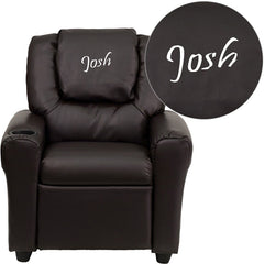 Personalized Brown Leather Kids Recliner with Cup Holder and Headrest