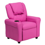 Contemporary Hot Pink Vinyl Kids Recliner with Cup Holder and Headrest